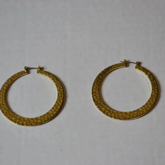 Goldtone Hammered  Metal Hoop Earrings - Picture 2 of 4